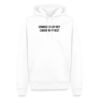 Forme physique - Plus fort à chaque répétition, plus proche de mon meilleur niveau - Sweat à capuche Premium bio Homme - blanc - Devant - Nico (187cm)