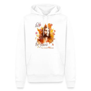 Fall Jesus He Never Leaves: Christian Autumn Vibes - Männer Premium Bio Hoodie - Weiß - Vorne - Nico (187cm)