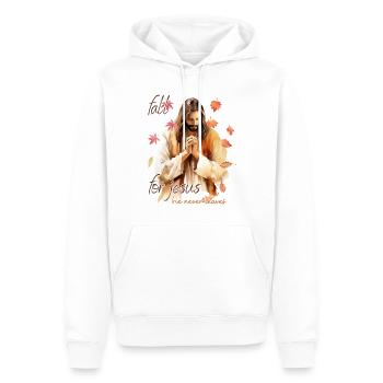 Fall Jesus He Never Leaves: Christian Autumn Vibes - Männer Premium Bio Hoodie - Weiß - Vorne - Nico (187cm)