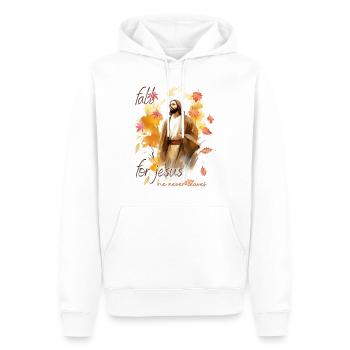 Fall Jesus He Never Leaves: Christian Autumn Vibes - Männer Premium Bio Hoodie - Weiß - Vorne - Nico (187cm)