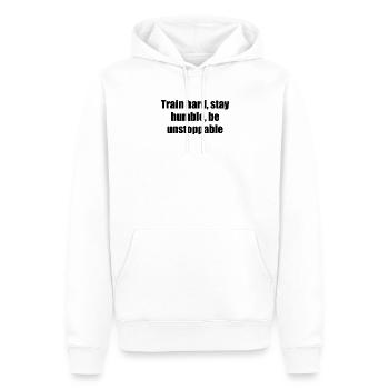 Fitness - Entraînez-vous dur, restez humble, soyez inarrêtable - Sweat à capuche Premium bio Homme - blanc - Devant - Nico (187cm)