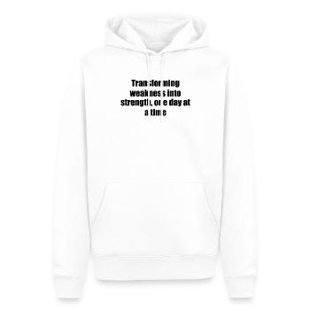 Fitness - Transforming weakness into strength, - Männer Premium Bio Hoodie - Weiß - Vorne - Nico (187cm)