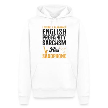 Saxophones Je parle 4 langues - Sweat à capuche Premium bio Homme - blanc - Devant - Nico (187cm)