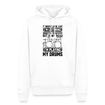 Je t’écoute mais dans ma tête je joue de la batterie - Sweat à capuche Premium bio Homme - blanc - Devant - Nico (187cm)