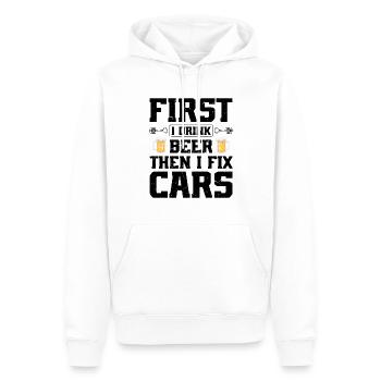 Mécanicien automobile - D’abord je bois de la bière puis je répare des voitures - Sweat à capuche Premium bio Homme - blanc - Devant - Nico (187cm)