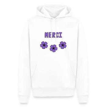 MERCI. THANKS. THANK YOU. ANNIVERSAIRE. NAISSANCE. - Sweat à capuche Premium bio Homme - blanc - Devant - Nico (187cm)