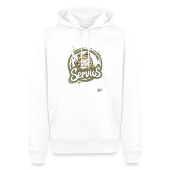 Ein cooler rauchender Frosch sagt: Servus - Männer Premium Bio Hoodie - Weiß - Vorne - Nico (187cm)