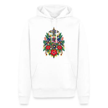 Malaysia | Hornvögel, Hibiskus & Wau - Männer Premium Bio Hoodie - Weiß - Vorne - Nico (187cm)