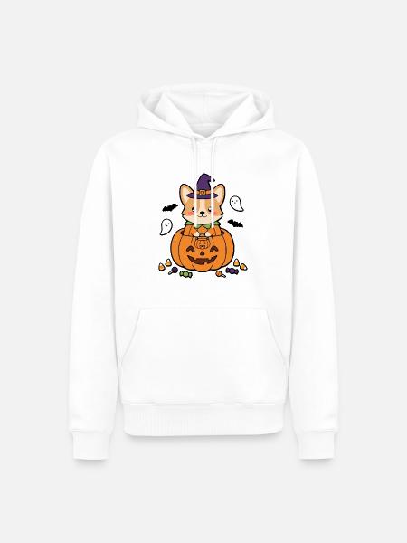 Süßes Kawaii-Corgi-Kürbis-Hexenhut-Halloween-Geschenk - Männer Premium Bio Hoodie - Weiß