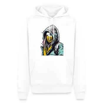 Kapuzenfrau trägt eine Gesichtsmaske mit einem gelben - Männer Premium Bio Hoodie - Weiß - Vorne - Nico (187cm)