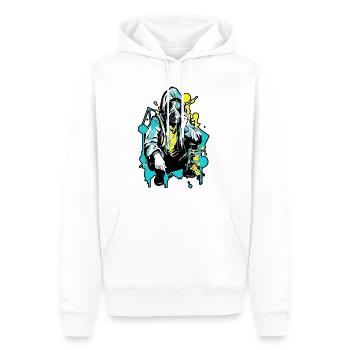 Kapuzenfrau trägt eine Gesichtsmaske mit einem gelben - Männer Premium Bio Hoodie - Weiß - Vorne - Nico (187cm)