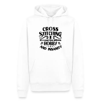 Point de croix C’est une fine ligne entre les coutures - Sweat à capuche Premium bio Homme - blanc - Devant - Nico (187cm)