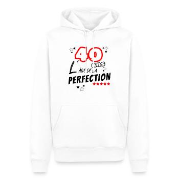 Humour Anniversaire 40 ans l'âge de la perfection - Sweat à capuche Premium bio Homme - blanc - Devant - Nico (187cm)