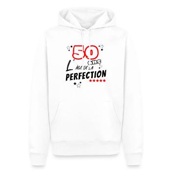 Humour Anniversaire 50 ans l'âge de la perfection - Sweat à capuche Premium bio Homme - blanc - Devant - Nico (187cm)