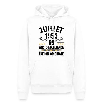 69 Ans Anniversaire Vintage Né(e) en Juillet 1953 - Sweat à capuche Premium bio Homme - blanc - Devant - Nico (187cm)
