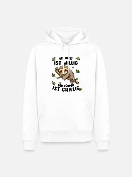 Faultier Lustiger Spruch: Der Geist ist willig - Männer Premium Bio Hoodie - Weiß