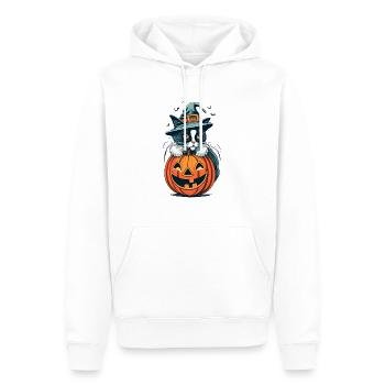 Katze mit Halloween-Hut, die auf einem Kürbis sitzt - Männer Premium Bio Hoodie - Weiß - Vorne - Nico (187cm)