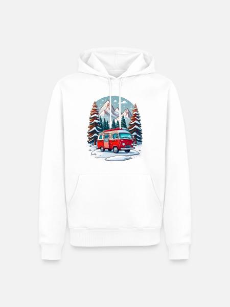 Red camper van on winter holiday - Men’s Premium Organic Hoodie - white