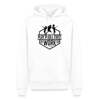 Humorvolles Spiel, Padel, erst Arbeit, später sarkastisch - Männer Premium Bio Hoodie - Weiß - Vorne - Nico (187cm)