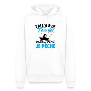 Dans Ma Tête Je Pêche, Cadeau Humour Pêcheur - Sweat à capuche Premium bio Homme - blanc - Devant - Nico (187cm)