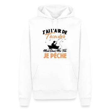 Dans Ma Tête Je Pêche, Cadeau Humour Pêcheur - Sweat à capuche Premium bio Homme - blanc - Devant - Nico (187cm)