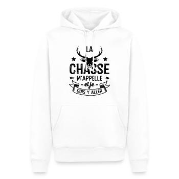 La Chasse m'appelle, Humour Cadeau Chasseur - Sweat à capuche Premium bio Homme - blanc - Devant - Nico (187cm)