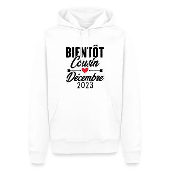 Bientôt Cousin Décembre 2023, Annonce Grossesse - Sweat à capuche Premium bio Homme - blanc - Devant - Nico (187cm)