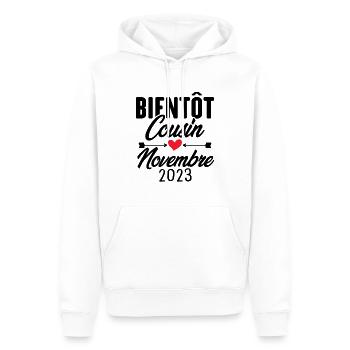 Bientôt Cousin Novembre 2023, Annonce Grossesse - Sweat à capuche Premium bio Homme - blanc - Devant - Nico (187cm)