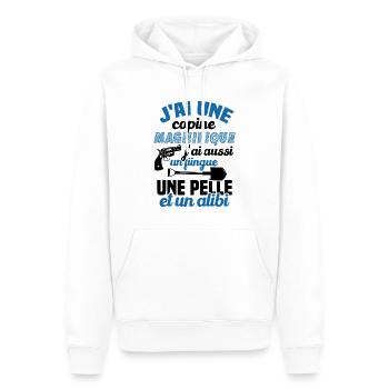 J'ai une Copine Magnifique - Flingue, Pelle, Alibi - Sweat à capuche Premium bio Homme - blanc - Devant - Nico (187cm)
