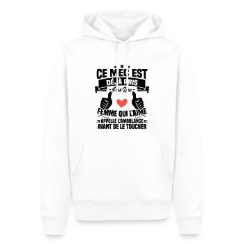 Mec deja pris cadeau homme amour femme - Sweat à capuche Premium bio Homme - blanc - Devant - Nico (187cm)