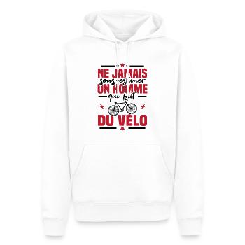 Ne jamais sous-estimer un homme qui fait du vélo - Sweat à capuche Premium bio Homme - blanc - Devant - Nico (187cm)