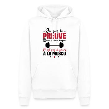 Preuve que mon papa muscu, Papa musclé - Sweat à capuche Premium bio Homme - blanc - Devant - Nico (187cm)