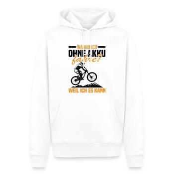 Warum ich ohne akku fahre weil ich es kann - Männer Premium Bio Hoodie - Weiß - Vorne - Nico (187cm)