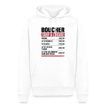 Boucher tarif à l'heure idée cadeau humour - Sweat à capuche Premium bio Homme - blanc - Devant - Nico (187cm)