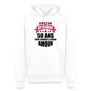 il m'a fallu attendre 50 ans pour le grand amour - Sweat à capuche Premium bio Homme - blanc - Devant - Nico (187cm)