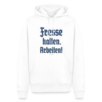 Handwerker-Spruch: Fresse halten und Arbeiten, Deu - Männer Premium Bio Hoodie - Weiß - Vorne - Nico (187cm)