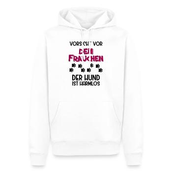 Vorsicht vor dem Frauchen der Hund ist harmlos - Männer Premium Bio Hoodie - Weiß - Vorne - Nico (187cm)