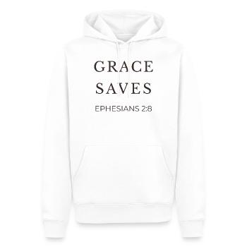 ARRÊTS GRACE | Éphésiens 2 verset 8 | Christian - Sweat à capuche Premium bio Homme - blanc - Devant - Nico (187cm)