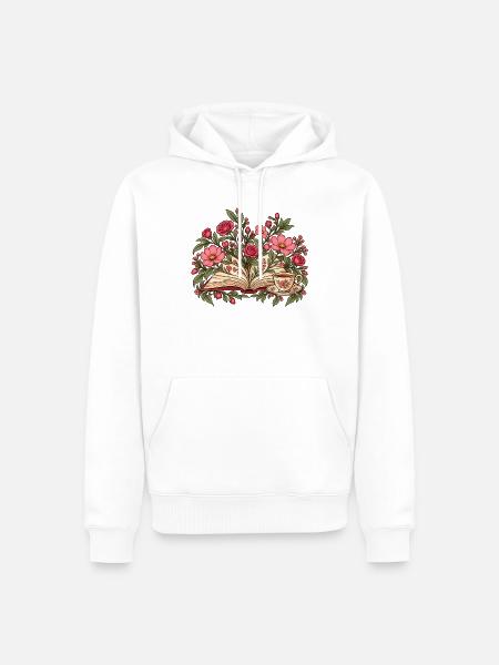 Blumenbuch mit Tee – botanische Leseillustration - Männer Premium Bio Hoodie - Weiß