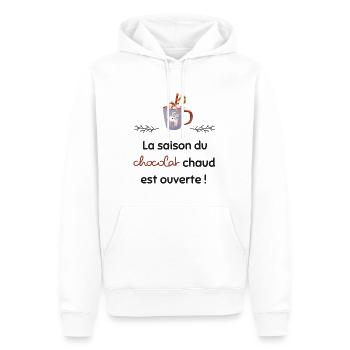 La saison du chocolat chaud est ouverte | Cadeau - Sweat à capuche Premium bio Homme - blanc - Devant - Nico (187cm)