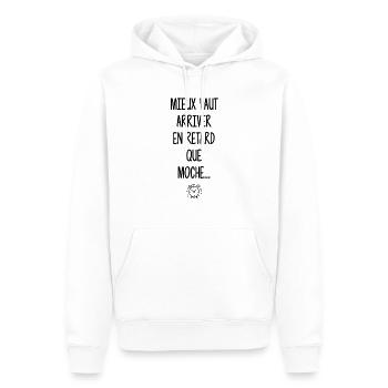 Arriver en retard - Sweat à capuche Premium bio Homme - blanc - Devant - Nico (187cm)
