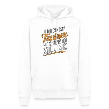 Ich glaube, mein Trainer versucht, mich umzubringen - Männer Premium Bio Hoodie - Weiß - Vorne - Nico (187cm)