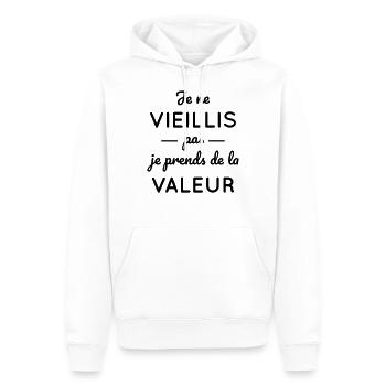 Je ne vieillis pas je prends de la valeur - Sweat à capuche Premium bio Homme - blanc - Devant - Nico (187cm)