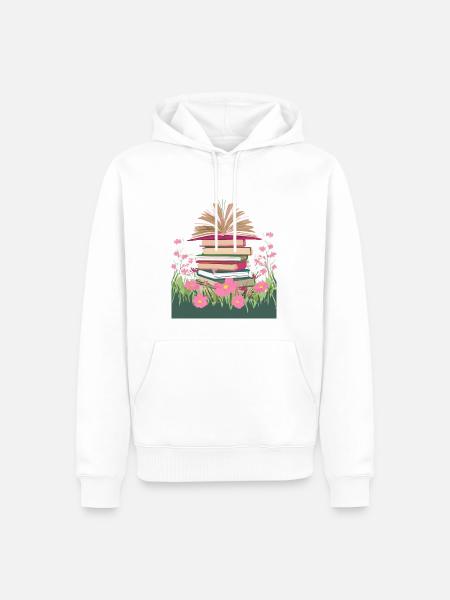 A stack of books in a flower meadow - Men’s Premium Organic Hoodie - white