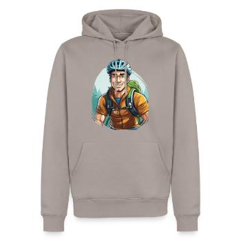 A cyclist with a backpack - Men’s Premium Organic Hoodie - taupe - Front - Nico (187cm)