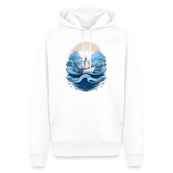 Ein Papierboot schwimmt von Wellen umgeben im Meer - Männer Premium Bio Hoodie - Weiß - Vorne - Nico (187cm)