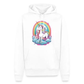 Einhorn mit Regenbogen, Wolken und rosa Schloss - Männer Premium Bio Hoodie - Weiß - Vorne - Nico (187cm)