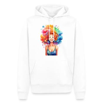 Femme heureuse avec de l’écume colorée dans ses cheveux - Sweat à capuche Premium bio Homme - blanc - Devant - Nico (187cm)