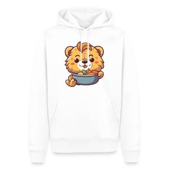 Entzückender Cartoon-Löwe genießt eine Mahlzeit 🦁 - Männer Premium Bio Hoodie - Weiß - Vorne - Nico (187cm)