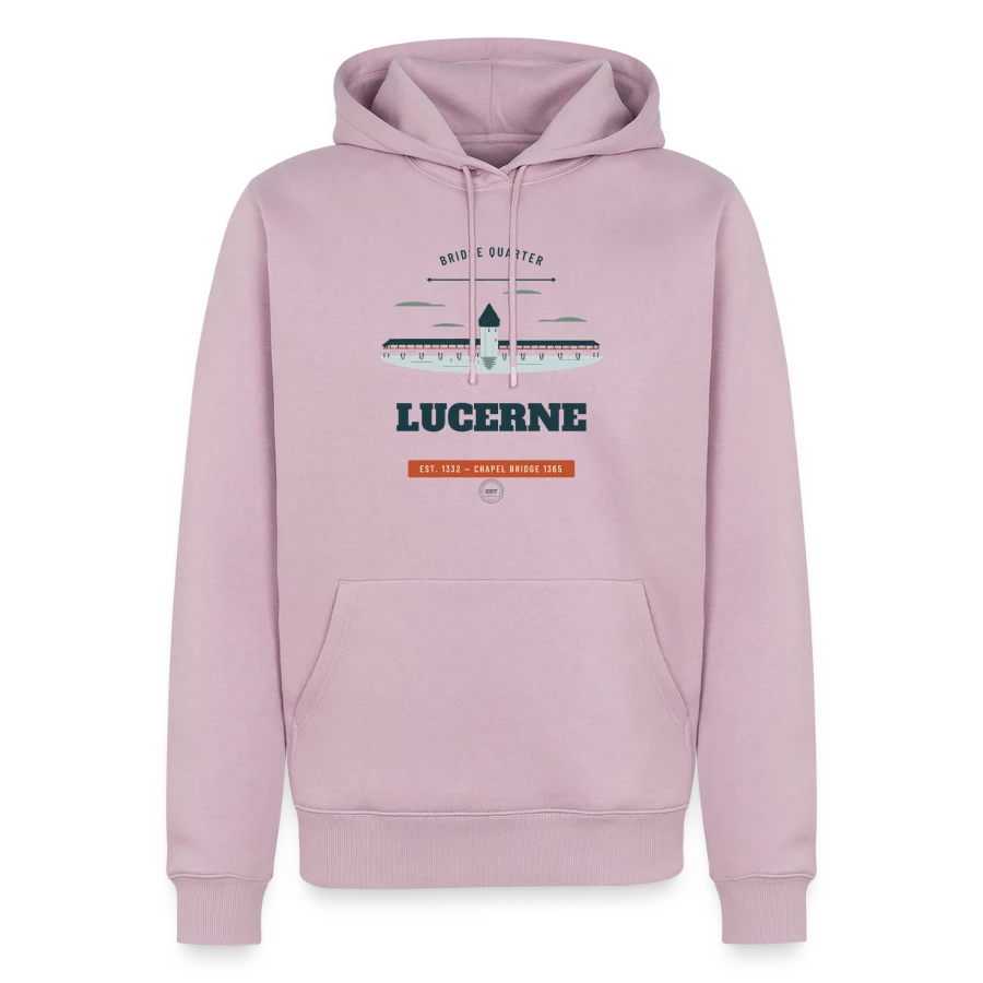 Lucerne badge on a men’s premium organic hoodie, dusky pink
